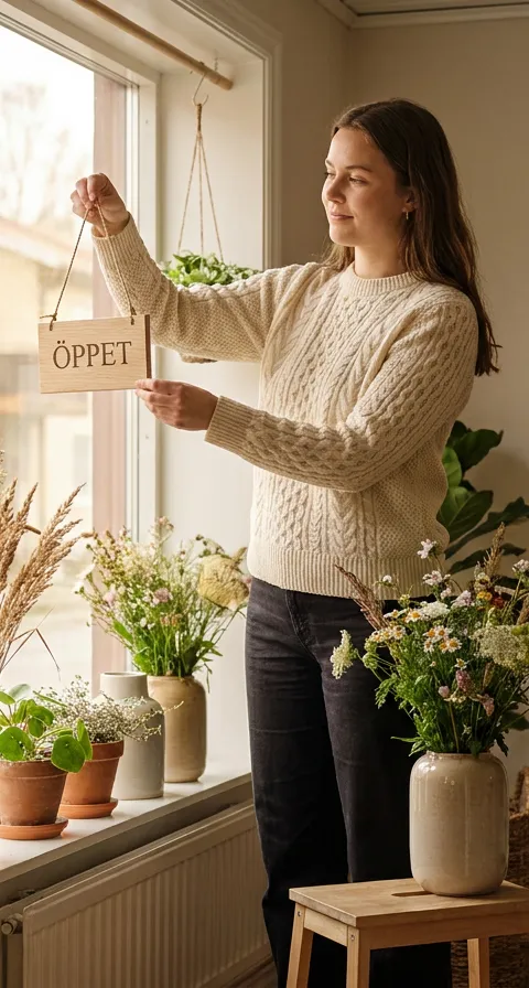 Ny företagare hänger upp öppet-skylten i sin butik